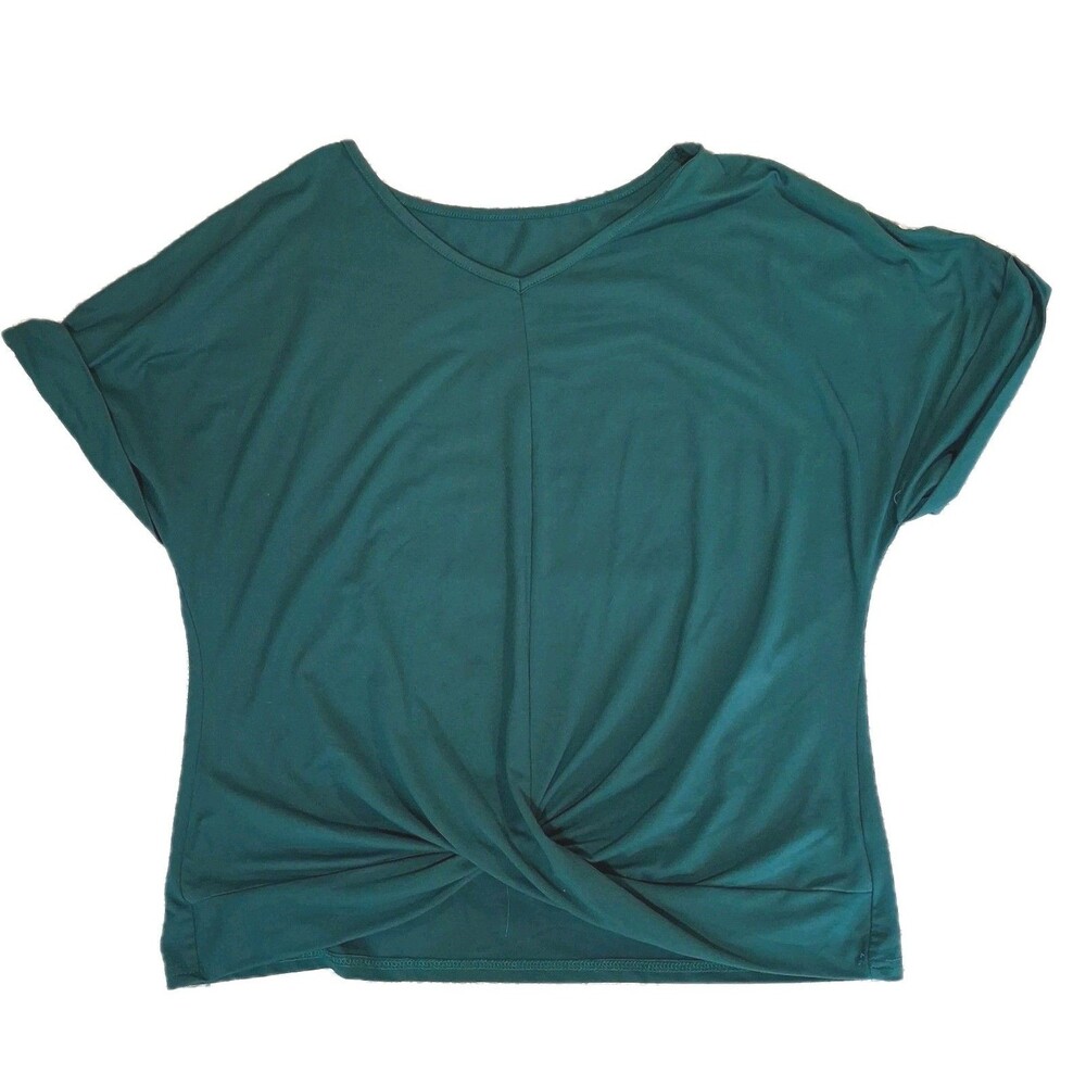 Womens XL Dark Green Short Sleeve V-Neck Top Knot Twist Front Blouse Casual